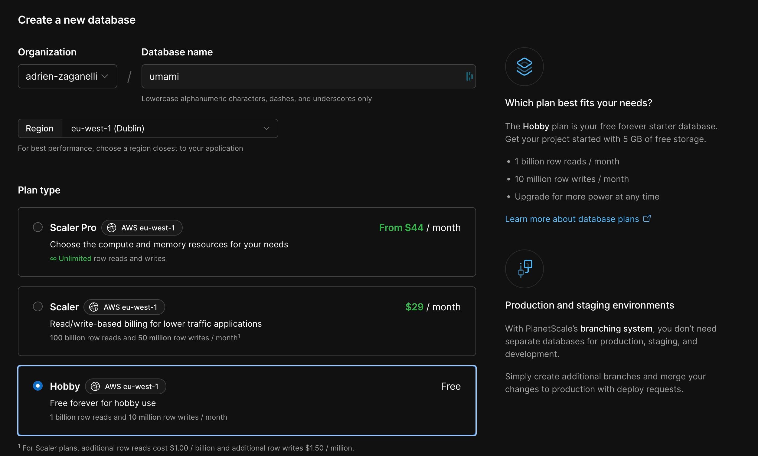 PlanetScale's database creation interface